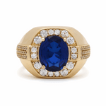 14k Yellow Gold Dark Blue Oval Men's Fashion Ring