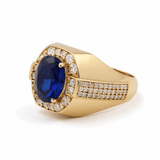14k Yellow Gold Dark Blue Oval Men's Fashion Ring