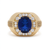 14k Yellow Gold Dark Blue Oval Men's Fashion Ring