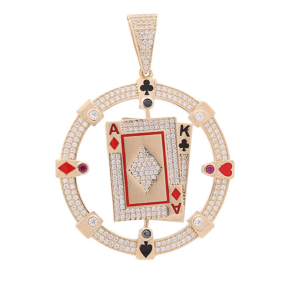 A stunning Miral Jewelry 14K Yellow Gold Circle Pendant adorned with sparkling diamonds and accented with playing cards.