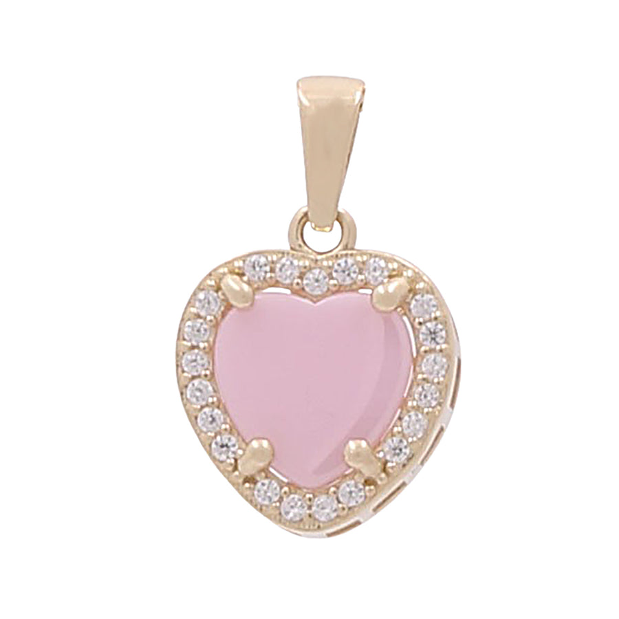 A Miral Jewelry fashion heart pendant featuring a pink stone and Cubic Zirconias, adorned with diamonds, and made with 14K yellow gold.