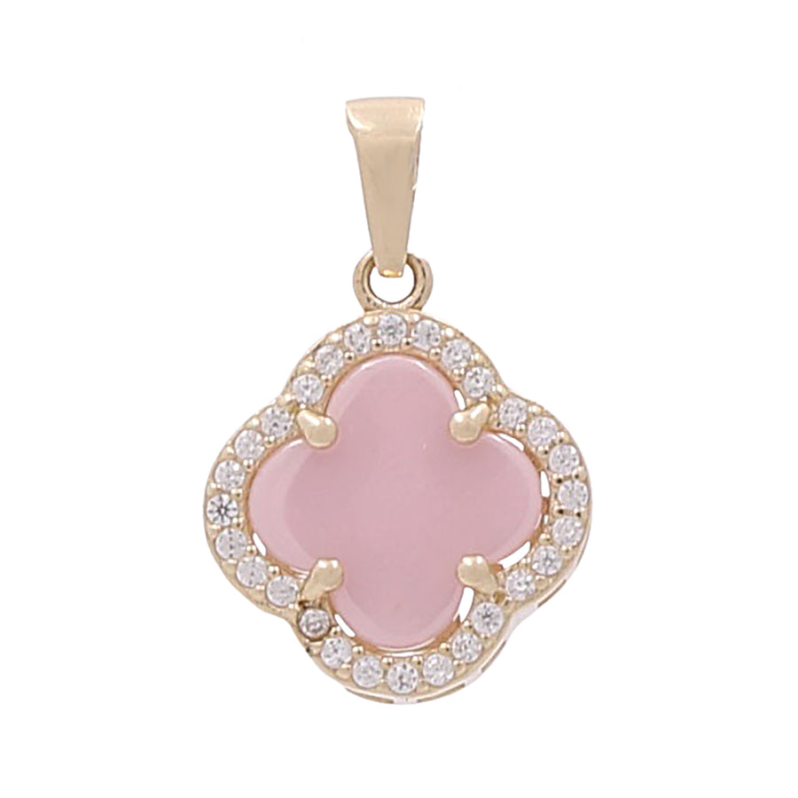 A Miral Jewelry 14K Yellow Gold Fashion Flower Pendant with Pink Stone and Cubic Zirconias, adorned with diamonds.