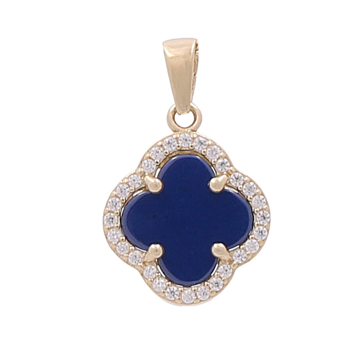 A Miral Jewelry 14K Yellow Gold Fashion Flower Pendant with Blue Stone and Cubic Zirconia.