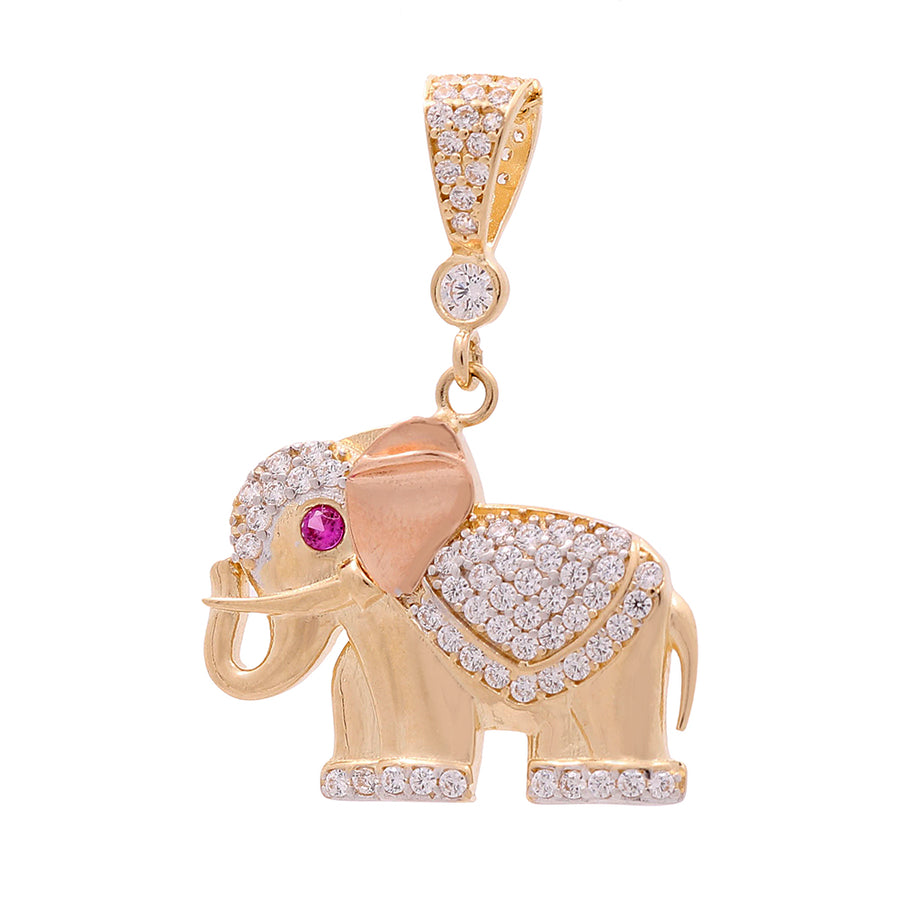 A 14K Yellow and Rose Gold Elephant with Color Stones and Cubic Zirconias Pendant, adorned with a radiant pink stone and accented with cubic zirconias for added sparkle, by Miral Jewelry.