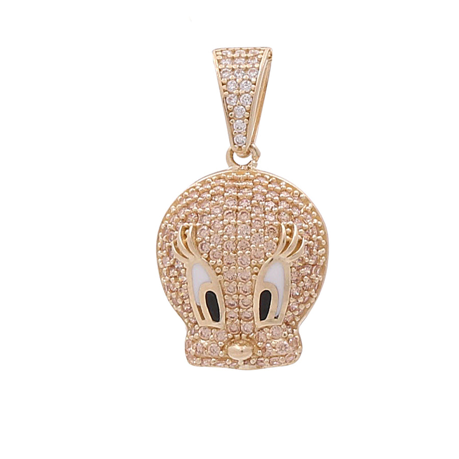 A Miral Jewelry 14K Yellow Gold Twetty Bird Pendant with Black Stones and Cubic Zirconias.