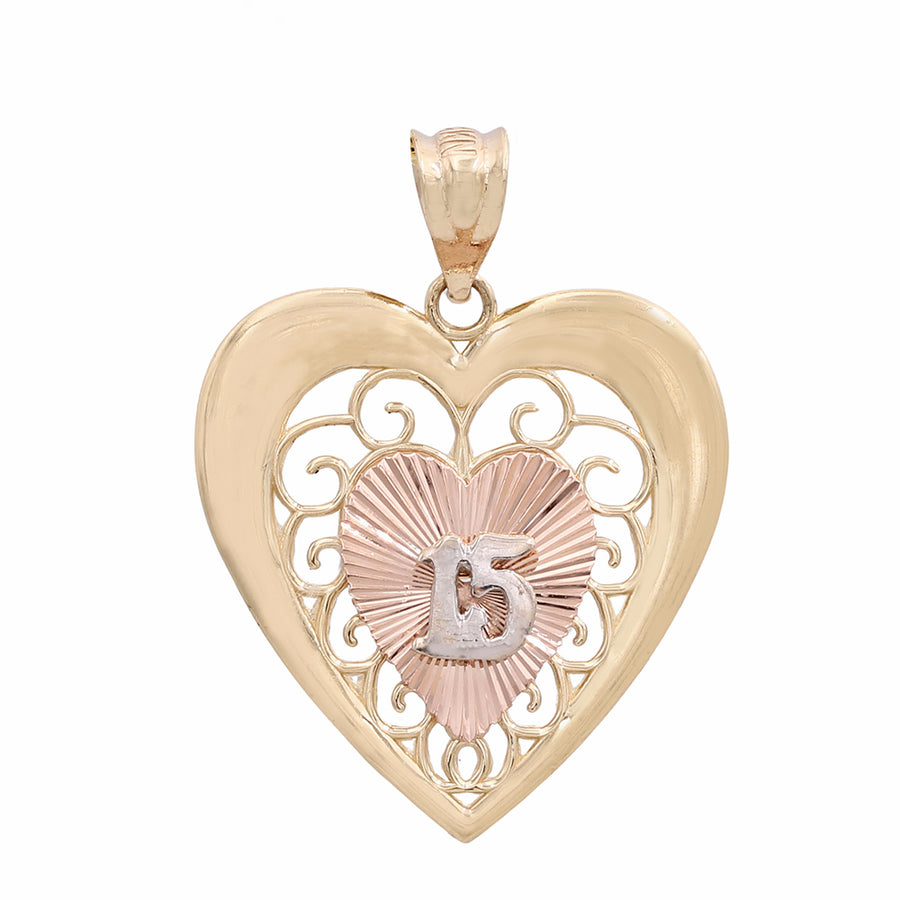 A timeless keepsake Miral Jewelry 14K Yellow and Rose Gold Happy 15th Heart Pendant with the letter b on it.