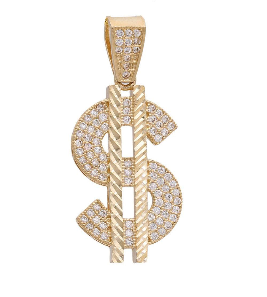 A Miral Jewelry 14K yellow gold money sign pendant adorned with diamonds.