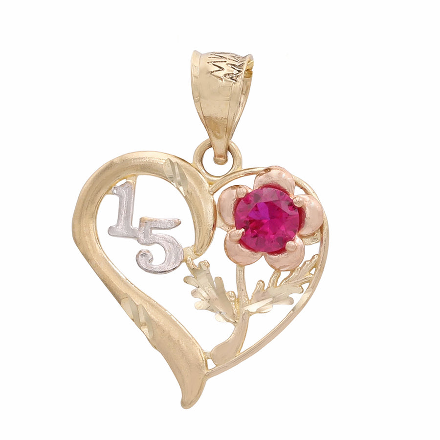 A timeless craftsmanship of a Miral Jewelry 14K Yellow and White Gold Sweet Heart with Color Stone Pendant featuring a heart shaped ruby stone.