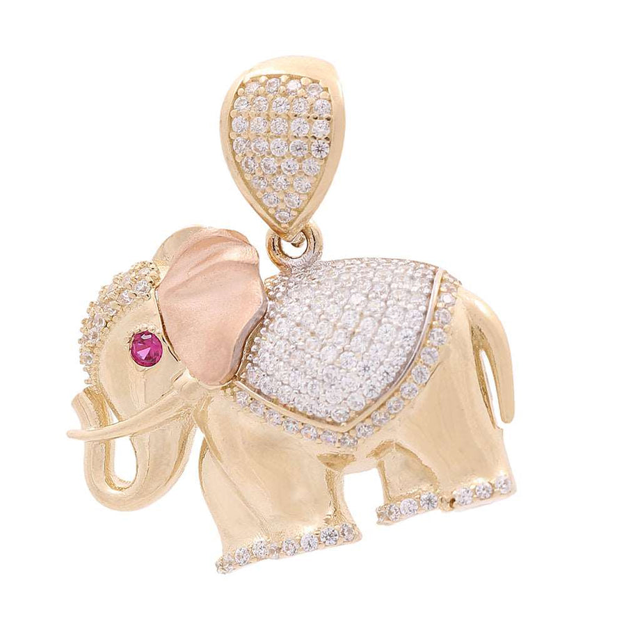 A stunning Miral Jewelry 14K Yellow and Rose Gold Elephant with Color Stones and Cubic Zirconias Pendant adorned with diamonds and rubies.