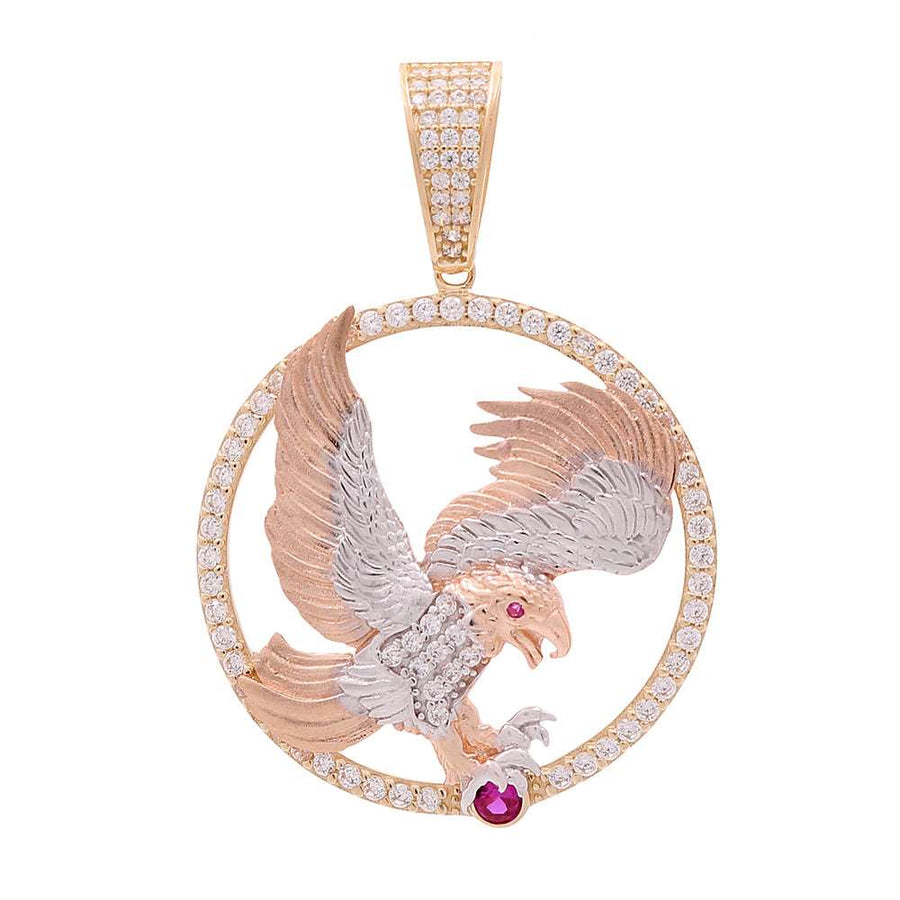 A stunning 14K Tricolor Gold Eagle in a Circle with Color Stones and Cubic Zirconias Pendant by Miral Jewelry, bedazzled with diamonds and rubies, featuring an elegant eagle design.