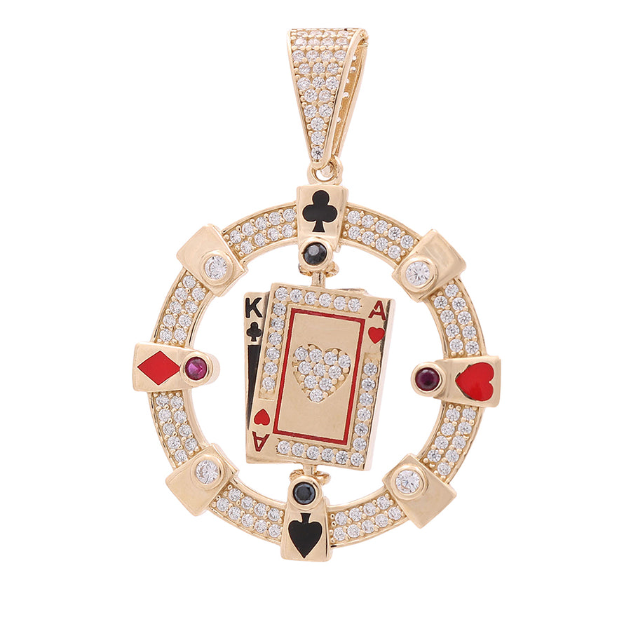 Product Description: 
Elevate your style with this exquisite Miral Jewelry 14K Yellow Gold Circle with Center Playing Cards, Color Stones and Cubic Zirconias pendant. Crafted with meticulous attention to detail, this stunning piece features playing cards and radiant diamonds, coming together to