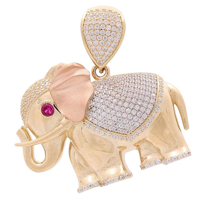 A stunning Miral Jewelry 14K Yellow and Rose Gold Elephant with Color Stones and Cubic Zirconias Pendant adorned with vibrant color stones such as rubies and diamonds.