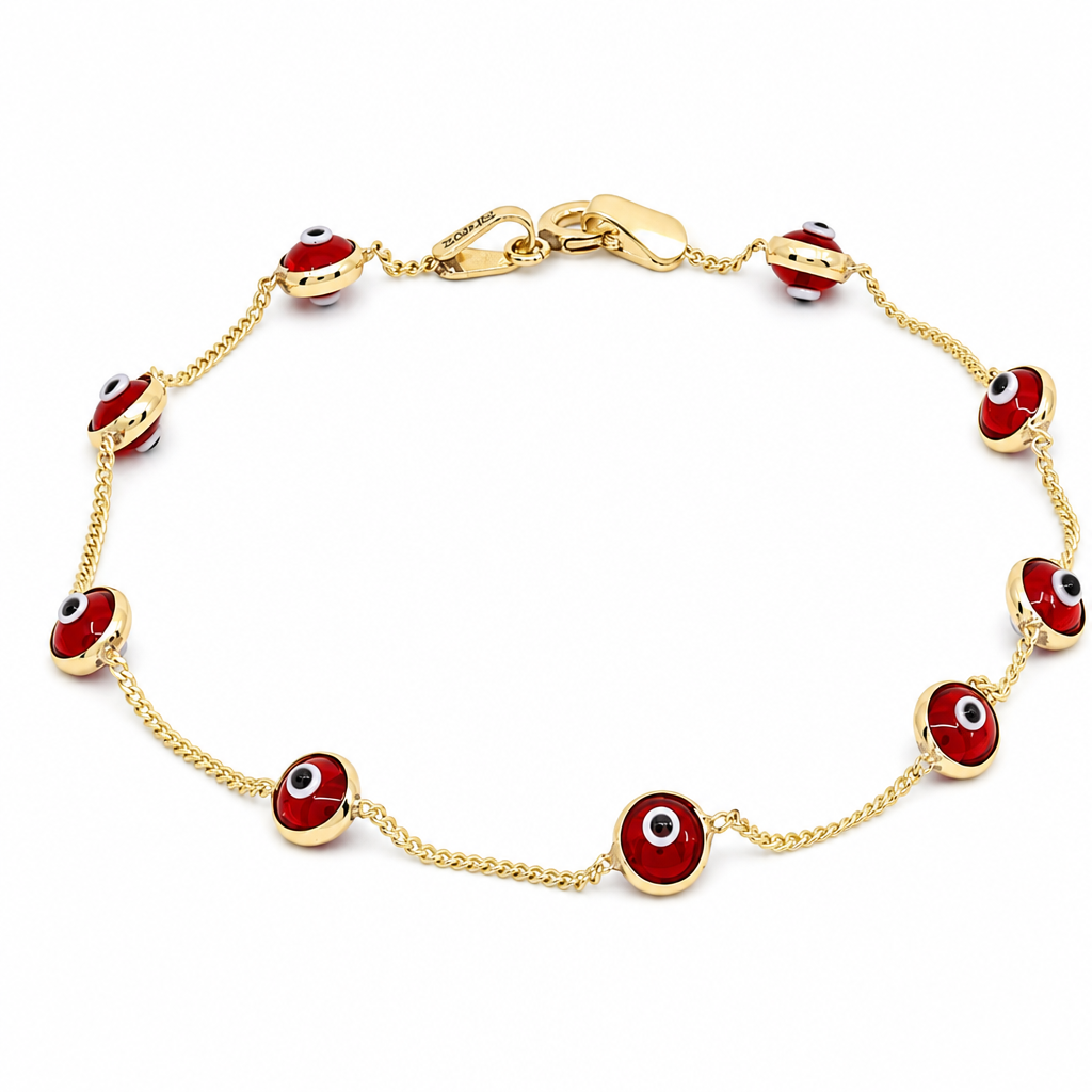 14K Yellow Gold Red Evil Eye Station Bracelet 7.5in