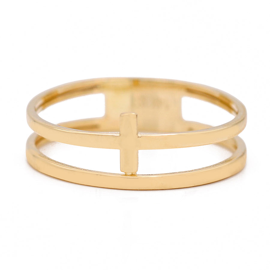 A Miral Jewelry 14K Yellow Gold Fashion Name ID with Chain Link Ring with a cross on it.