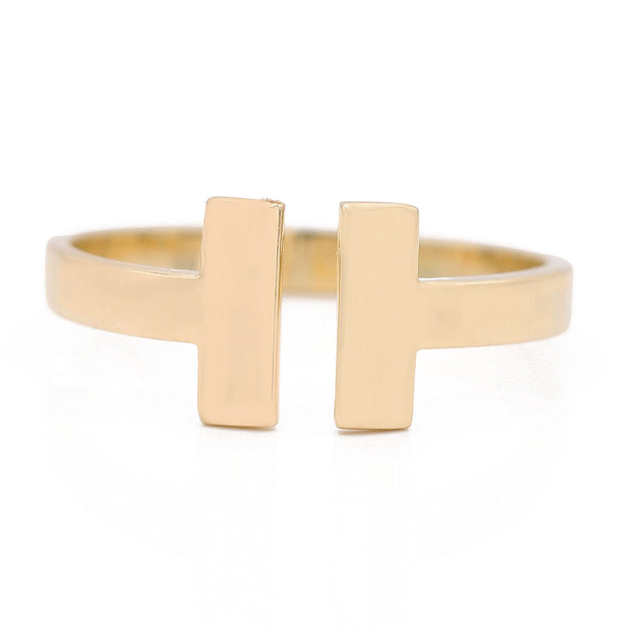 An elegant Miral Jewelry statement cuff ring with two squares on it, fashionably designed in the 14K Yellow Gold Fashion H Design Ring.