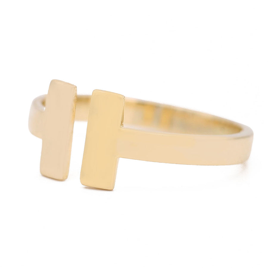 An elegant Miral Jewelry 14K Yellow Gold Fashion H Design Ring with two bars, creating a fashionable H design.