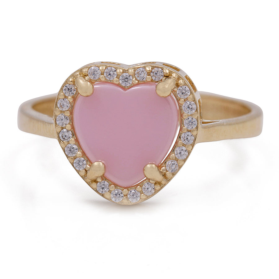 A high-quality Miral Jewelry 14K Yellow Gold Fashion Pink Stone Heart with Cubic Zirconias Ring with diamond accents.
