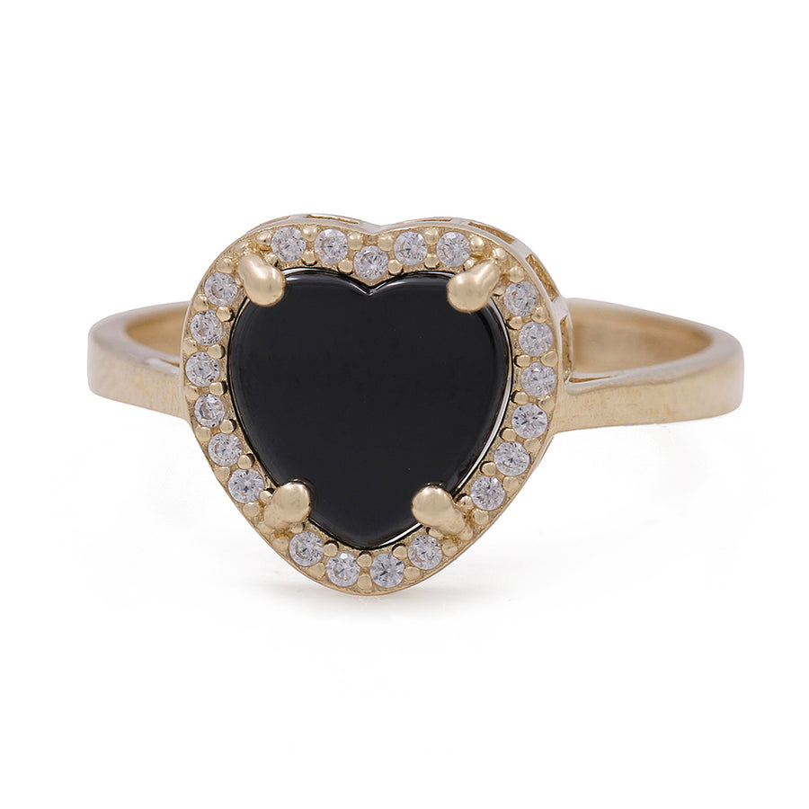 A Miral Jewelry heart shaped 14K Yellow Gold Fashion Ring with Onyx Heart Center Stone and Cubic Zirconias.