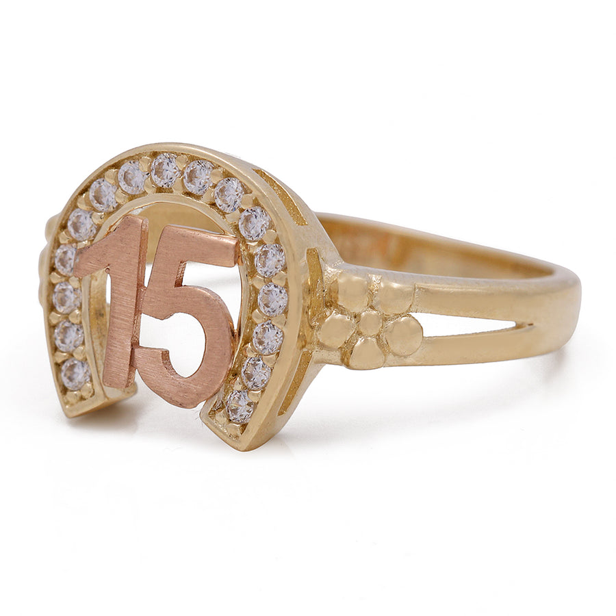 14K Yellow and Rose Gold 15 Horseshoe Ring with Cubic Zirconias