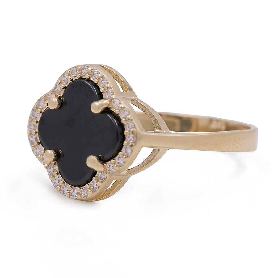 A Miral Jewelry 14K Yellow Gold Fashion Ring with Onyx Flower Center Stone and Cubic Zirconias