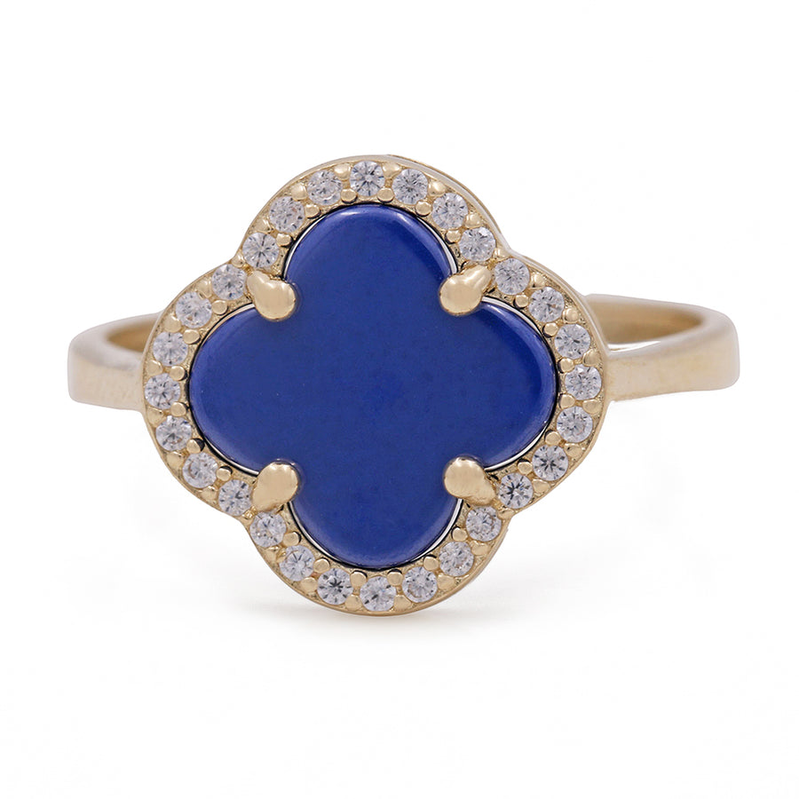A Miral Jewelry yellow gold ring with a lapis stone and diamonds, featuring a blue color stone in 14K yellow gold.