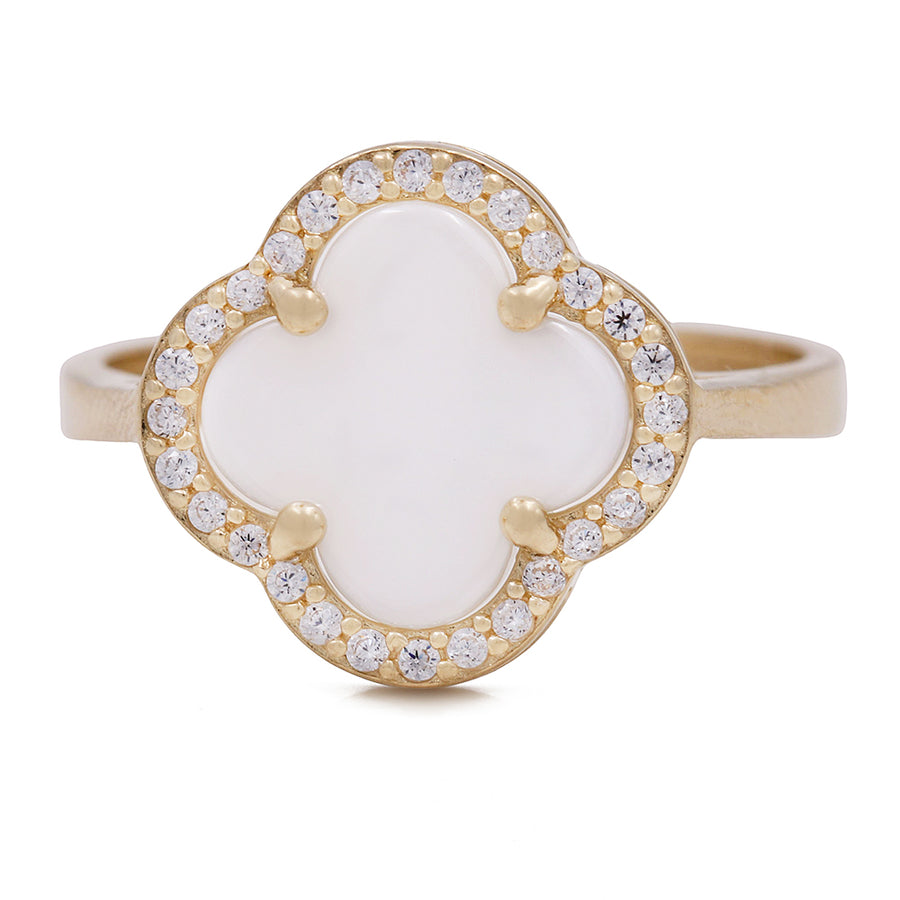 A white and gold clover ring with diamonds crafted in the Miral Jewelry 14K Yellow Gold Fashion Ring with Mother of Pearl and Cubic Zirconias.