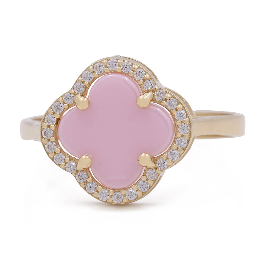 A Miral Jewelry pink clover fashion ring with 14K Yellow Gold, Pink Color Stone, and Cubic Zirconias.
