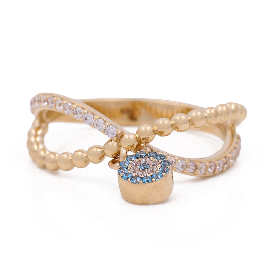 A Miral Jewelry 14K Yellow Gold with Blue Stone Bead and Cubic Zirconias Ring.