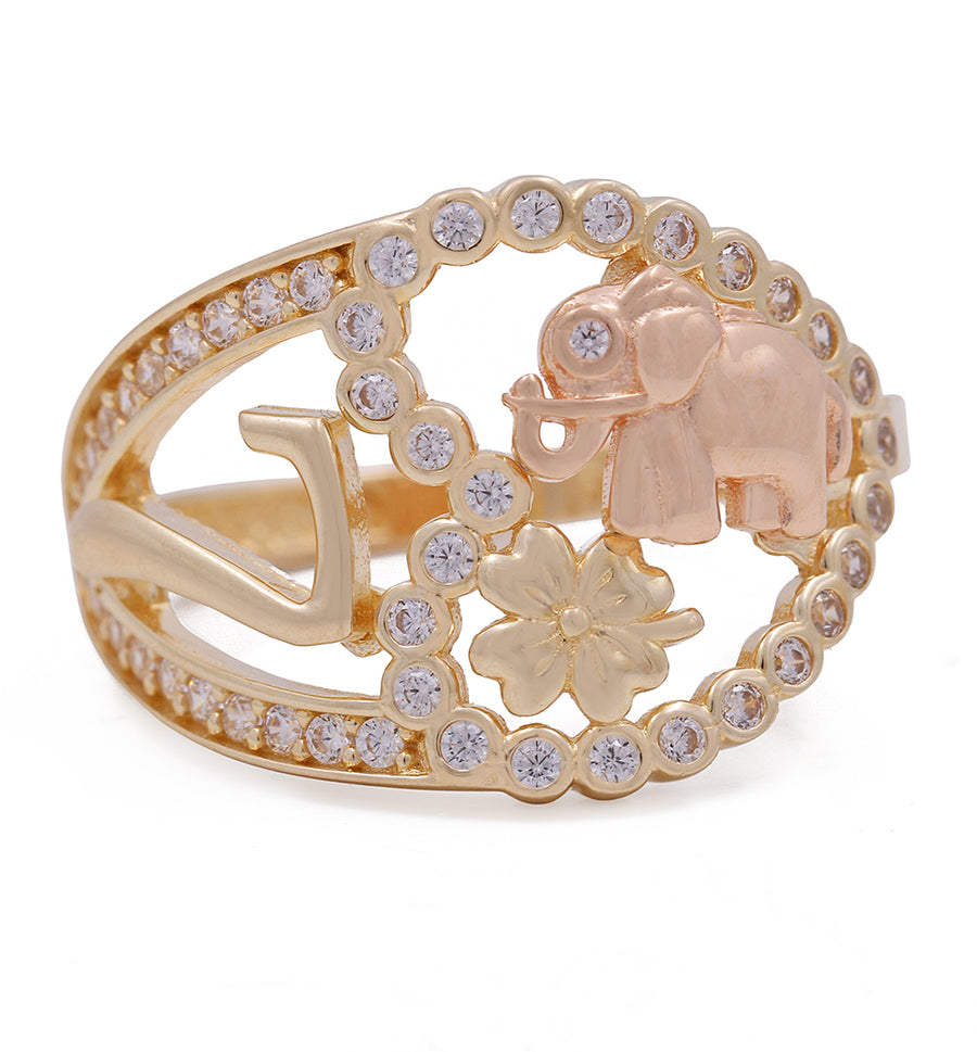 A Miral Jewelry 14K Yellow and Rose Gold Fashion Intricate Ring with a stunning elephant motif embellished with sparkling diamonds.