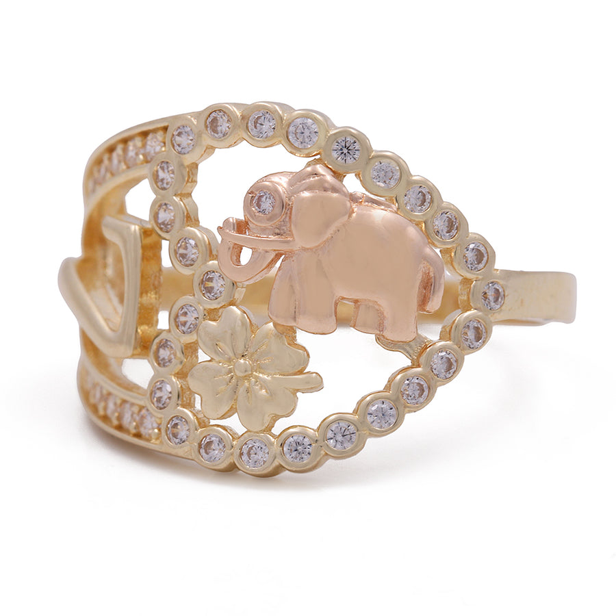A Miral Jewelry 14K Yellow and Rose Gold Fashion Intricate Ring adorned with an elegant elephant design and shimmering diamonds.