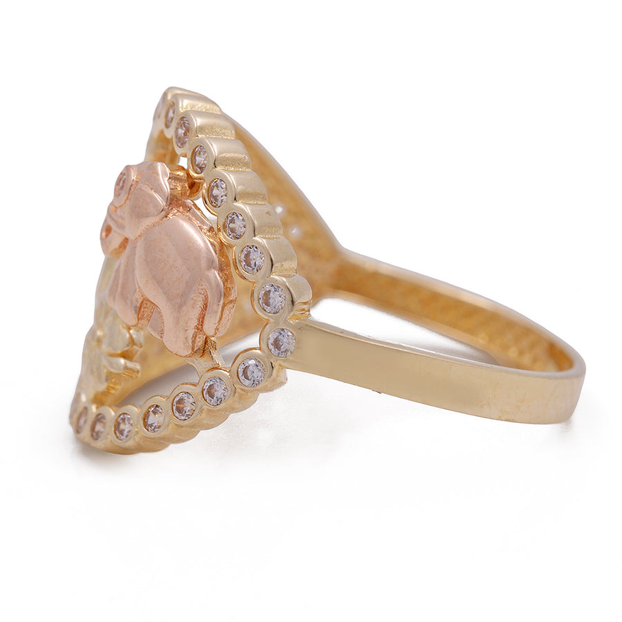A elegant 14K Yellow and Rose Gold Fashion Intricate Ring with diamonds, adorned with a charming elephant motif by Miral Jewelry.
