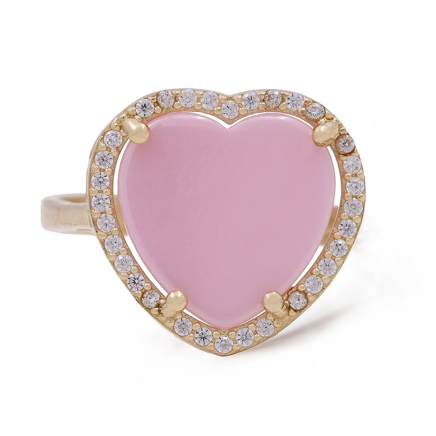 A 14K Yellow Gold Fashion Pink Stone Heart with Cubic Zirconias Ring by Miral Jewelry, a high-quality and timeless addition to any collection.