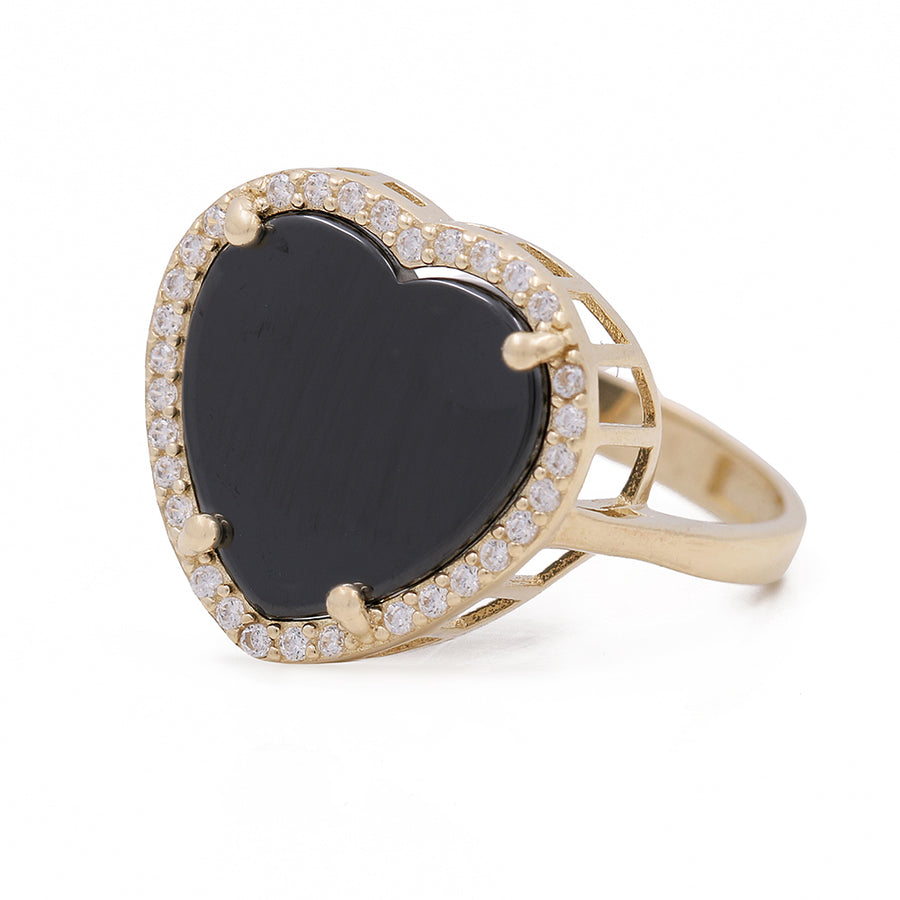 An exquisite Miral Jewelry 14K Yellow Gold Fashion Ring with Onyx Heart Center Stone and Cubic Zirconias.