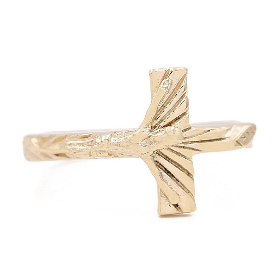 A Miral Jewelry 14K Yellow Gold Fashion Jesus on the Cross Ring with a sleek cross design.