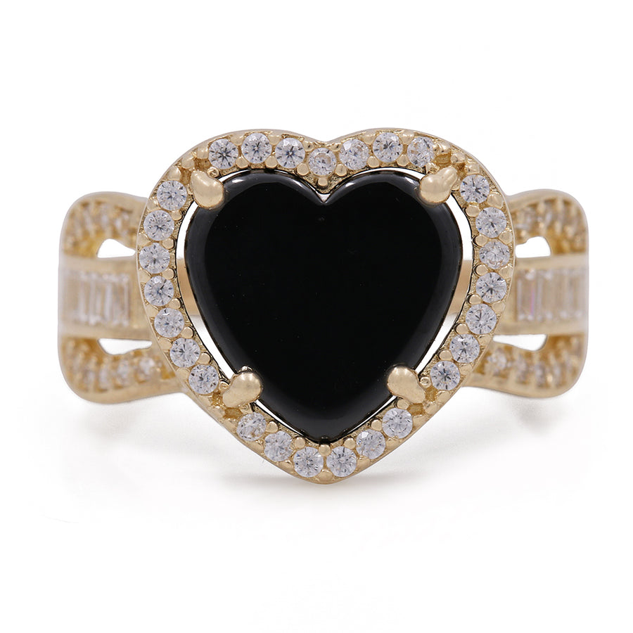 A stunning 14K Yellow Gold Fashion Ring with Onyx Heart Center Stone and Cubic Zirconias, crafted by Miral Jewelry, with an exquisite onyx heart center stone and sparkling cubic zirconias.