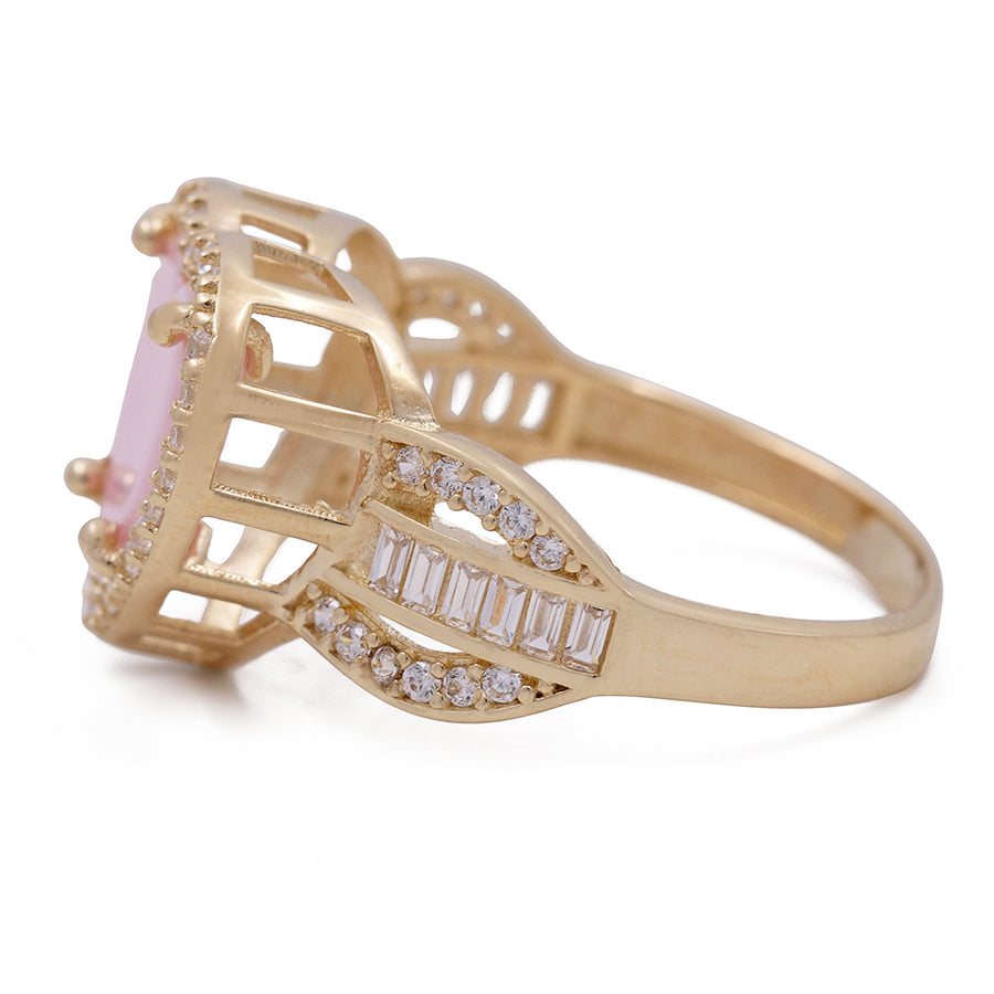 A Miral Jewelry 14K Yellow Gold Fashion Pink Stone Heart with Cubic Zirconias Ring.
