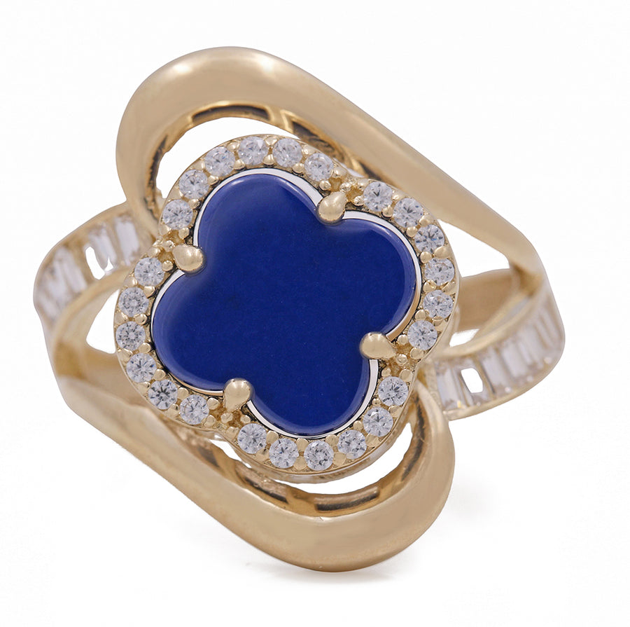 A Miral Jewelry 14K Yellow Gold Fashion Blue Stone Flower with Cubic Zirconias Ring.