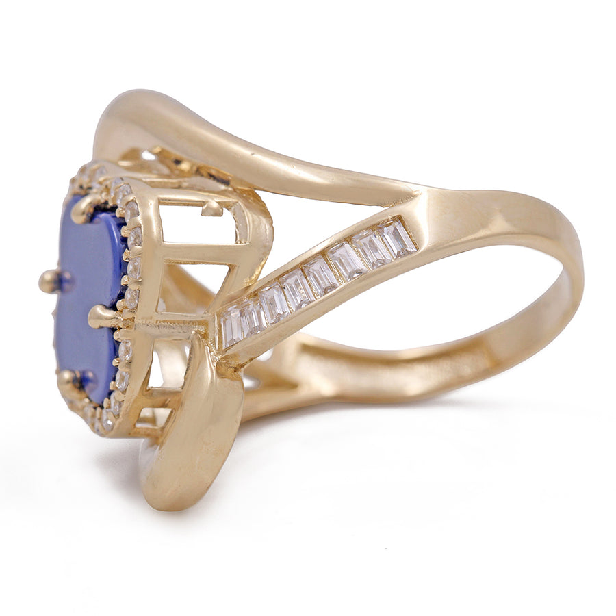 A Miral Jewelry 14K Yellow Gold Fashion Blue Stone Flower with Cubic Zirconias Ring, featuring a 14K gold band and a stunning blue stone centerpiece.