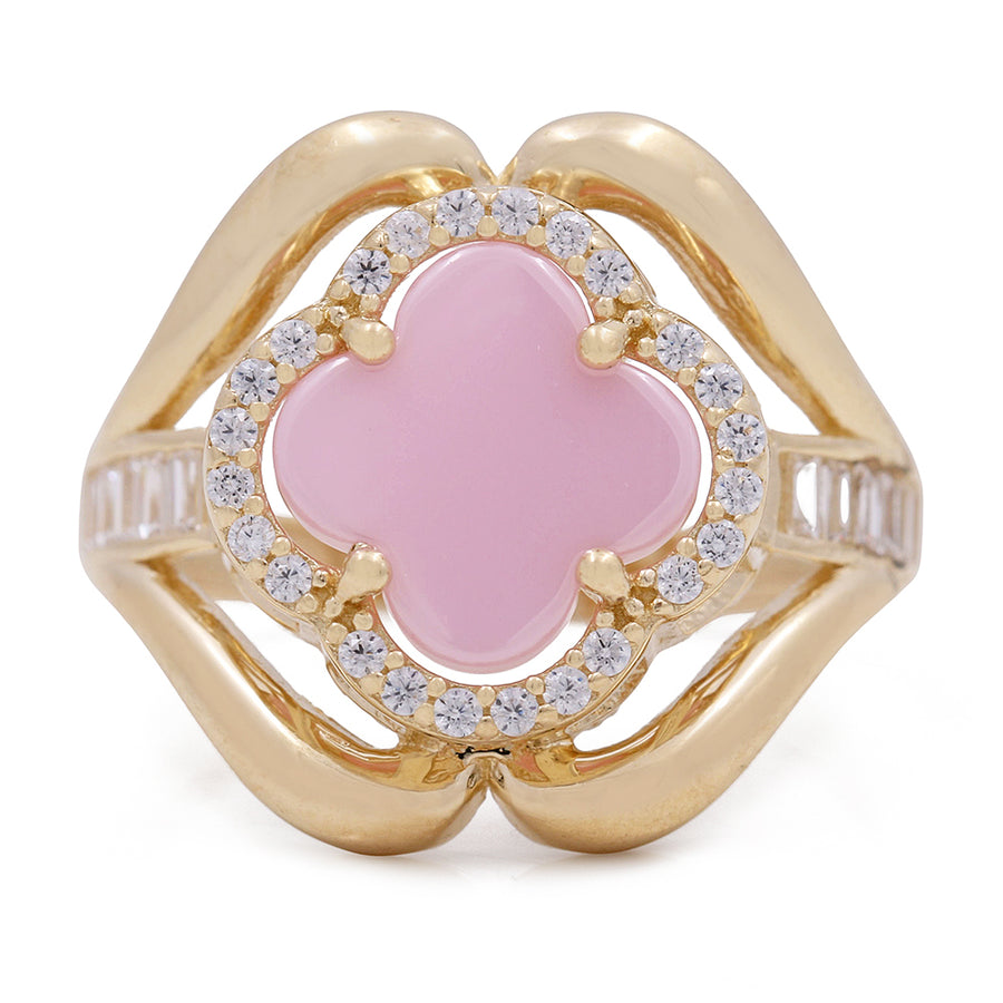 A Miral Jewelry 14K Yellow Gold Fashion Ring with Pink Flower Center Stone and Cubic Zirconias.