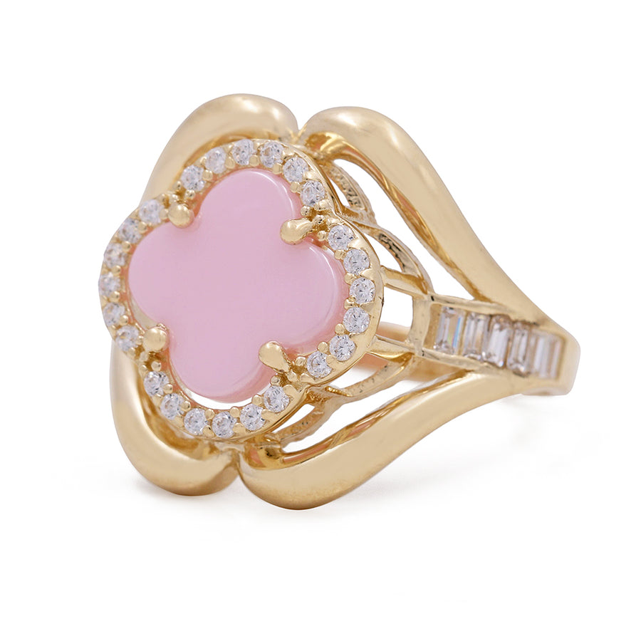 A 14K Yellow Gold Fashion Ring with Pink Flower Center Stone and Cubic Zirconias by Miral Jewelry.