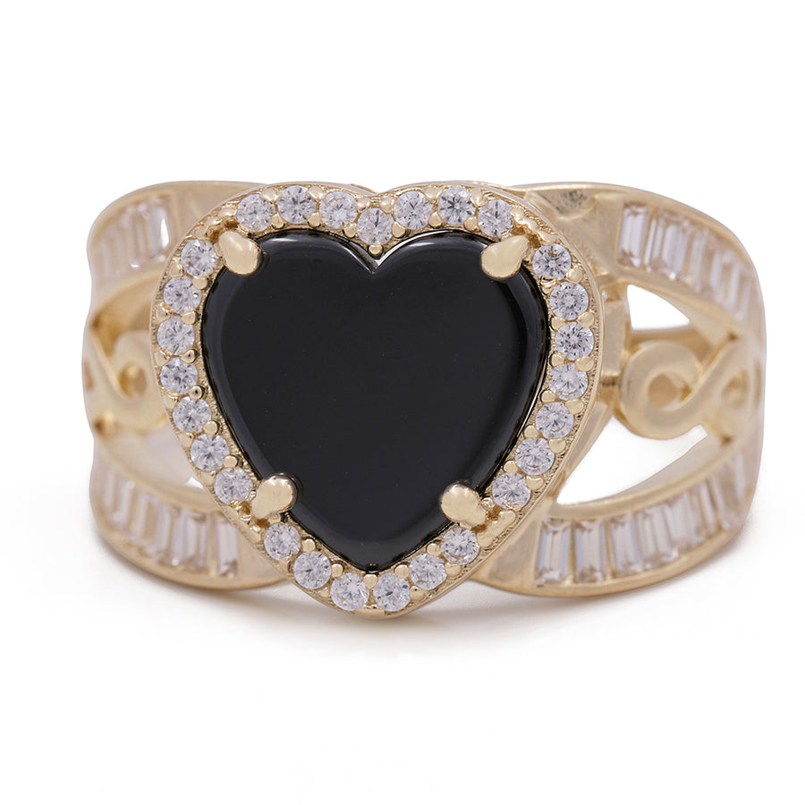 A heart shaped black onyx and diamond ring with a yellow gold band can be replaced with: A Miral Jewelry 14K Yellow Gold Fashion Ring with Onyx Heart Center Stone and Cubic Zirconias.