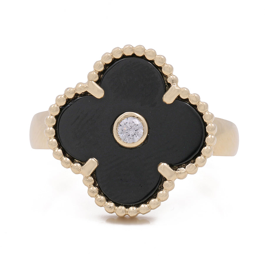 A Miral Jewelry 14K Yellow Gold with Black Onyx and Cubic Zirconias Flower Fashion Ring.