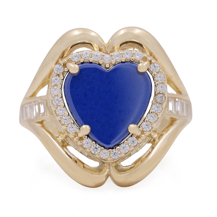 A heart shaped Miral Jewelry lapis and diamond ring with a blue heart center stone in 14K Yellow Gold.