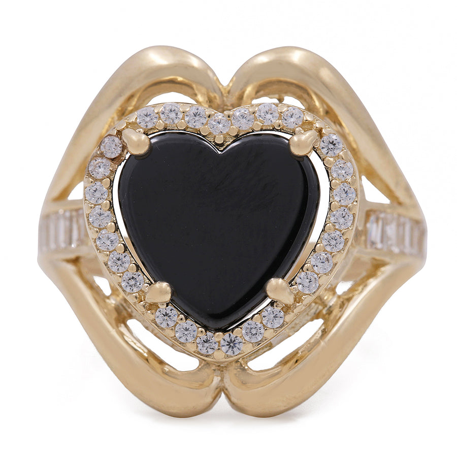 A Miral Jewelry yellow gold heart-shaped ring featuring a 14K Yellow Gold Fashion Ring with Onyx Heart Center Stone adorned with sparkling Cubic Zirconias.
