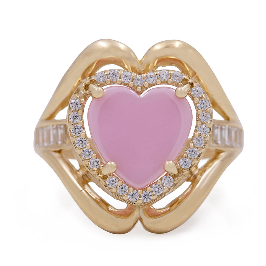 A Miral Jewelry 14K Yellow Gold Fashion Ring with Pink Heart Center Stone and Cubic Zirconias featuring diamond accents.