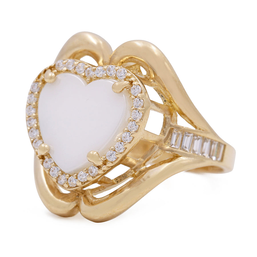 A 14K Yellow Gold Fashion Ring with Mother of Pearl Center Stone and Cubic Zirconias in yellow gold, featuring Miral Jewelry accents.
