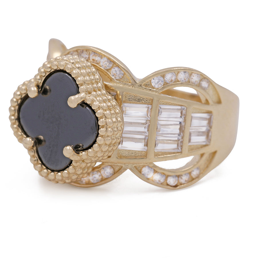 A 14K Yellow Gold Fashion Ring with Black Onyx and Cubic Zirconias, accented with diamonds, by Miral Jewelry.