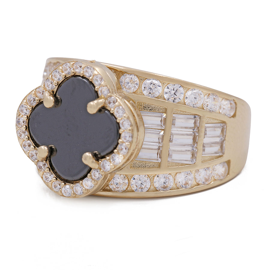 A Miral Jewelry 14K Yellow Gold Fashion Ring with Black Onyx and Cubic Zirconias, perfect for those who love fashion rings.