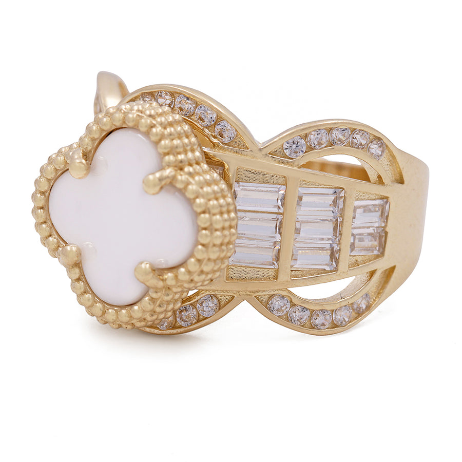 A Miral Jewelry 14K Yellow Gold Fashion Ring with Mother of Pearl and Cubic Zirconias.