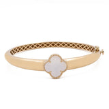 14K Yellow Gold Fashion Flower Women's Mother of Pearl Bracelet by Miral Jewelry with a clover-shaped mother of pearl set in the center, featuring a lattice interior design.